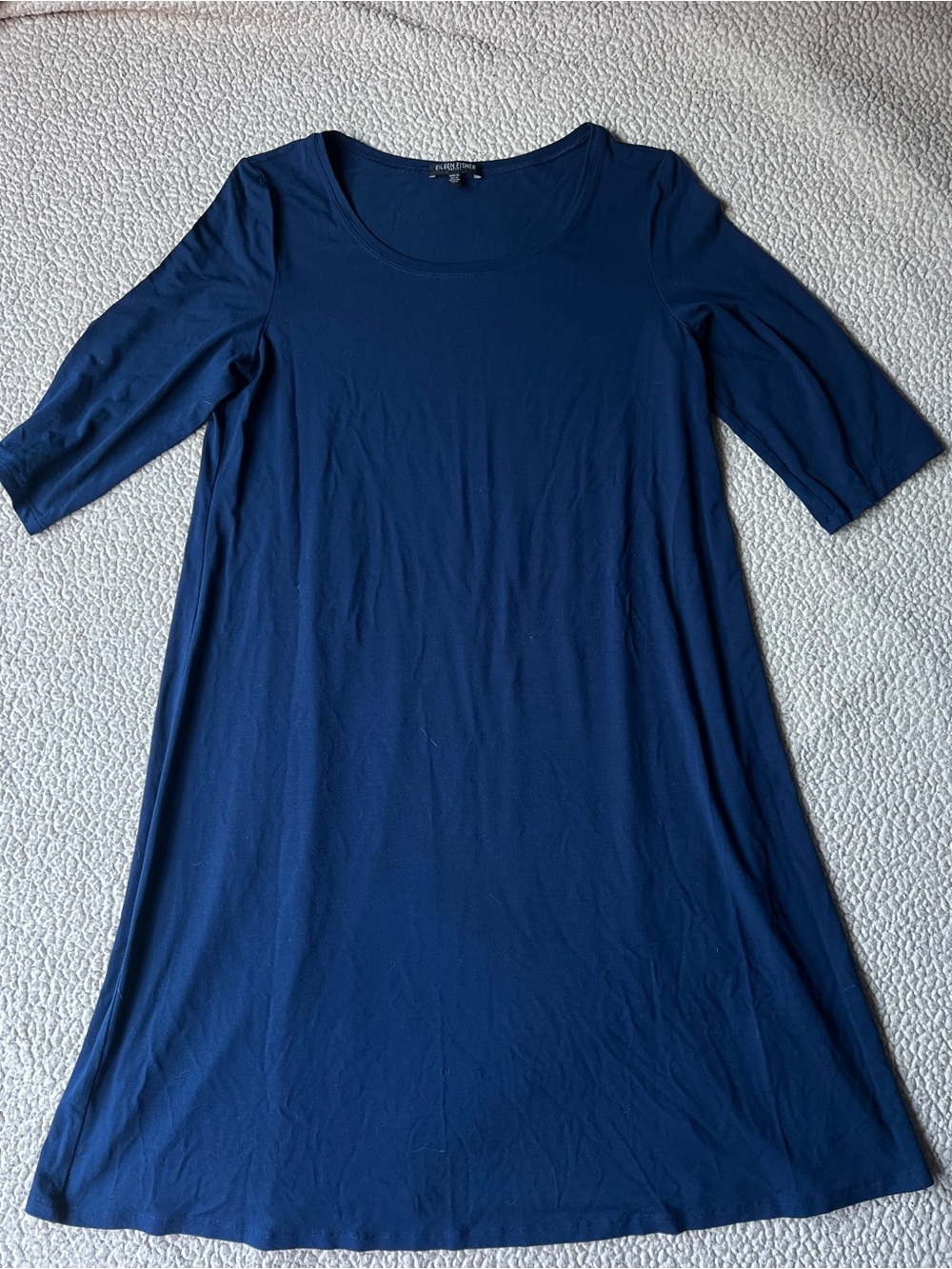 Eileen Fisher Blue Shift Dress 3/4 Sleeve Jersey Dress Midi Size Large Petite LP